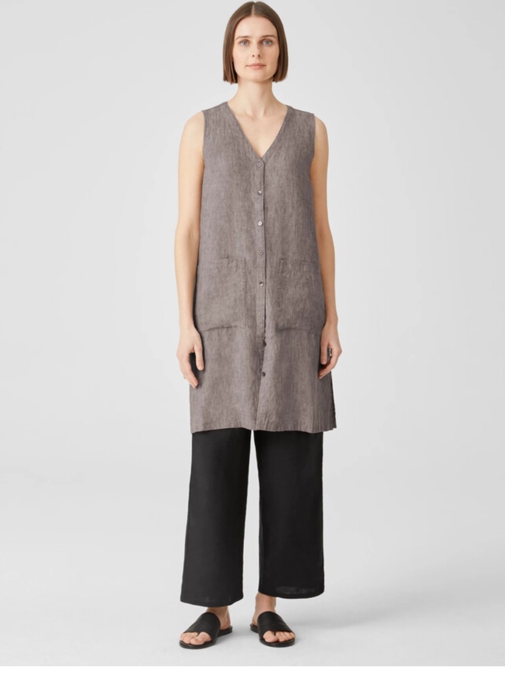 Eileen Fisher Organic Linen Delave V-Neck Top Tunic Grey Medium
